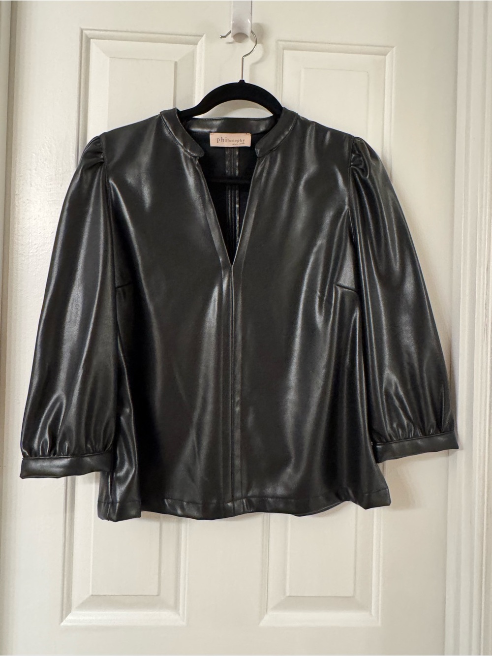 Philosophy Black Vegan Leather Tunic with Puff Sleeves